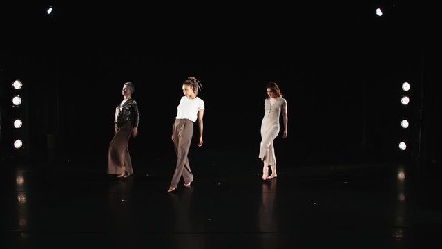 Women Rehearsing Choreographed Dance Steps on Stage