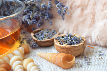 Lavender herbal tea, Flowers in walnut shell, Alternative medicine, Background