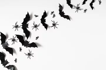 Poster Halloween decorations concept. Halloween with spiders, black bats on white background. Flat lay, top view, copy space © prime1001