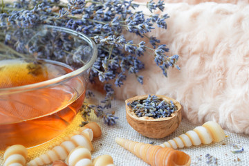 Lavender herbal tea, Flowers in walnut shell, Alternative medicine, Background