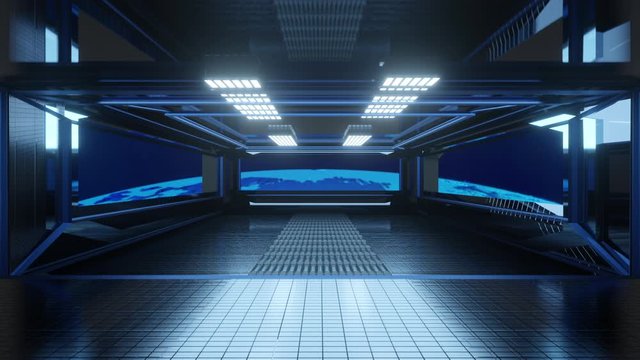3D animation of a interior of a Space ship or Space station with Planet earth in the background. Elements of this media furnished by NASA.