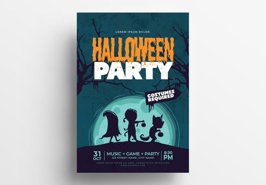 Halloween Flyer Layout with Cartoon-Style Illustrations