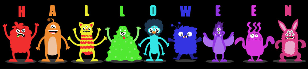 Different, cute, fantastic monster. Artistic drawing, halloween concept.