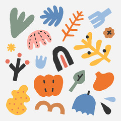 Collection of flat hand drawn contemporary abstract vector illustrations. colored abstraction doodles and shapes in pastel colors. Trendy paper cut style. simple drawings of autumn symbols