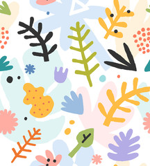 Hand drawn contemporary art abstract doodle foliage made as seamless pattern. Abstraction drawings on white background. Trendy paper cut style shapes. Good for fabric textile print.