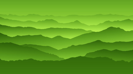 Radient green background landscape, misty fog on mountain slopes. Abstract gradient background, vector illustration.