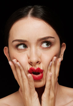 Editorial beauty portrait, woman smushing face
