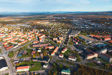 Aerial summer sunny view of Kiruna, the northernmost town in Sweden, province of Lapland, Norrbotten County, picture shot from drone
