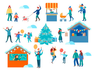 Christmas market, decorated shopping tents and decorated Christmas tree, walking people buying Christmas gifts for friends and relatives