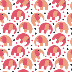 Hand drawn vector seamless pattern, cute elephants on white background