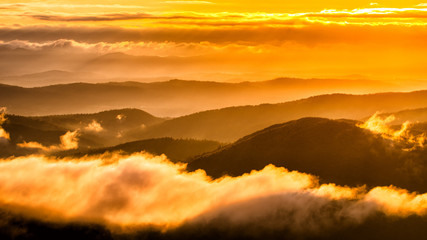 Splendis sunrise in the mountains. Bieszczady Mountains. Poland