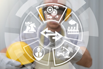 Worker touches two side arrow virtual icon. Opposite Think Different Unique Industry Work concept. Industrial technology future development decision way.