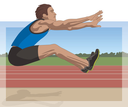 long jump male athlete, airborne over sand pit against track and sky background