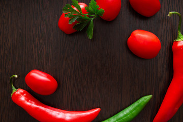 Chili peppers and tomatoes on a dark wooden background