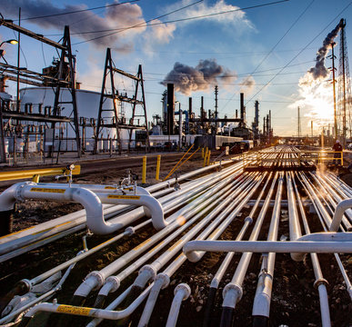 Pipe alley in refinery in the early morning