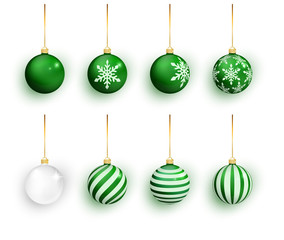 Green christmas balls set isolated on white. Stocking Christmas decorations. Green Christmas ball with snow effect set. Vector illustration