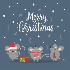 Greeting card with cute rats, symbol of 2020 year. Chinese New Year. Lettering Merry Christmas. Vector illustration.