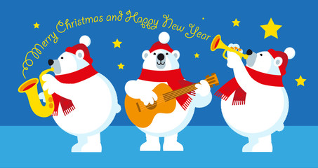 Polar Bears trio playing and wishing a Merry Christmas and a Happy New Year