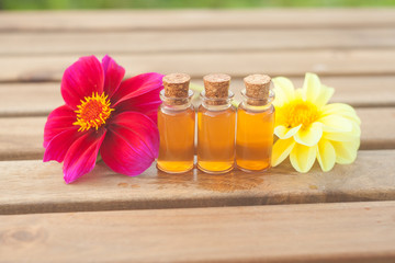 Fototapeta na wymiar dahlia essential oil in beautiful bottle on table