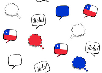 Seamless background with flag of Chile and speech bubbles with greeting in Spanish. Vector illustration