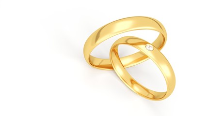 Gold wedding rings isolated on white background. Diamond. 3d illustration.
