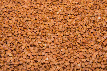 Background texture of whole grains of buckwheat. Image food product porridge buckwheat grains. Soft selective focus.