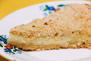 A piece of curd cake from short pastry with a delicate filling
