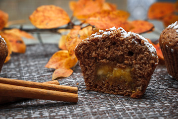Chocolate muffins with apple filling on a background of autumn leaves and cinnamon