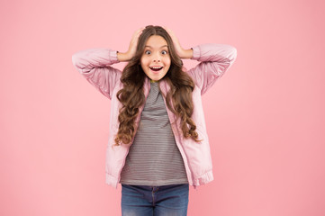 Whoa. Autumn surprise. Surprised kid on pink background. Surprised child in fashion autumn style....