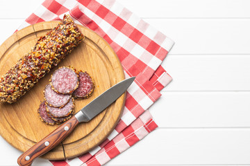 Sliced spicy salami sausage