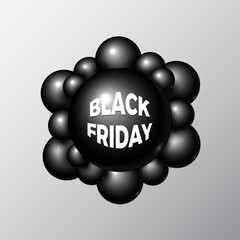 Black Friday sale card or poster. Commercial discount offer banner. 3d abstract background with black bubble shapes.