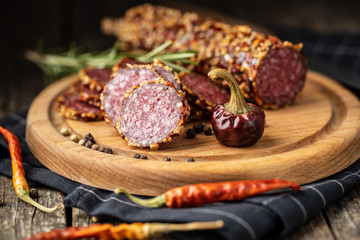 Sliced spicy salami sausage