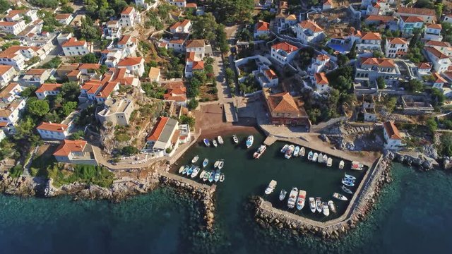 4k Aerial view of a village in Hydra, Greece