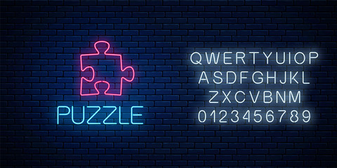 Glowing neon icon of logical concept with alphabet. Thinking game symbol. Vector illustration.