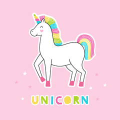 Cute rainbow unicorn poster, t-shirt print design. Vector illustration for children.