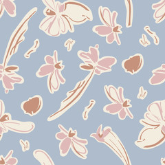 Vintage Flowers and Butterfly Seamless Pattern with Light Blue Background