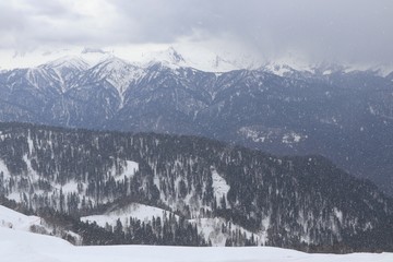 Snowfall in the Caucasus mountains