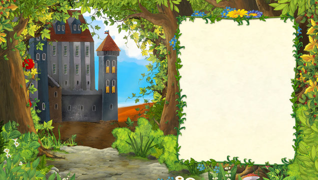 Cartoon nature scene with beautiful castle with frame for text - illustration for the children
