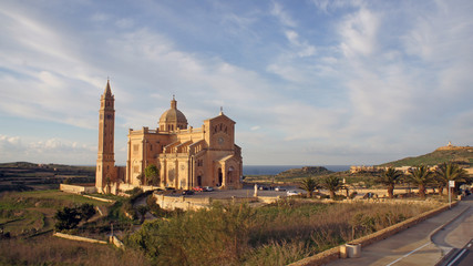 Landscape with basilica of the National Shrine of the Blessed Virgin of Ta' Pinu (Santwarju Bażilika tal-Madonna ta' Pinu) on Gozo Island, Malta