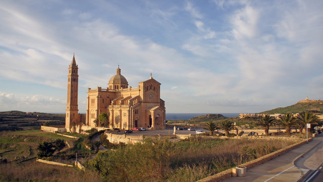 Landscape with basilica of the National Shrine of the Blessed Virgin of Ta' Pinu (Santwarju Bażilika tal-Madonna ta' Pinu) on Gozo Island, Malta
