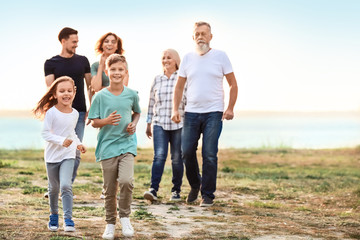 Big family resting together in park