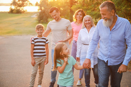 Big Family Walking In Park