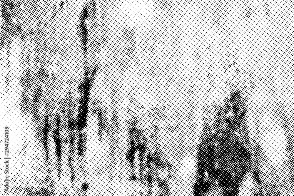 Poster Grunge halftone vector texture overlay. Monochrome abstract splattered background.