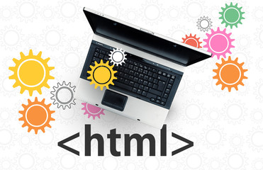 HTML Hyper Text Markup Language. laptop on html tag and gears