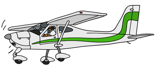 The vectorized hand drawing of a green and white  high wing propeller monoplane