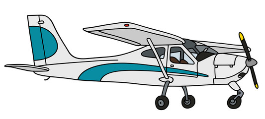 The vectorized hand drawing of a blue and white  high wing propeller monoplane - 294725590