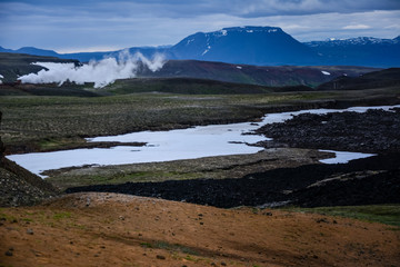 Leirhnjukur old black lava field with snow and colorful stones and smoke coming from ground and blue sky in Iceland, overcast day in summer , film effect with grain