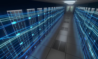 Fototapeta na wymiar 3D server room/ data center - storage, hosting, fast Internet concept