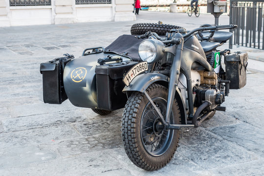 Trieste, Italy - March 31, 2017: The Zundapp KS 750 is a World War II-era motorcycle and sidecar combination developed for the German Armed Forces during the Second World War by the German company