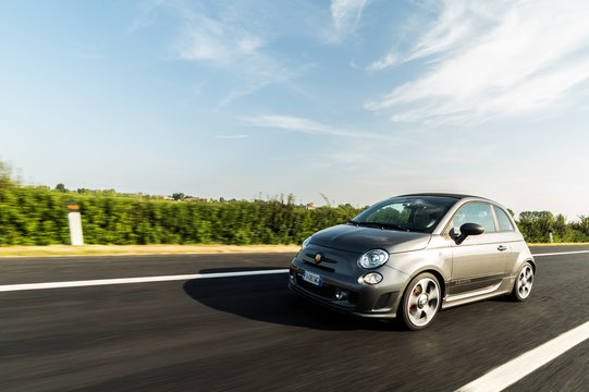 Udine,Italy Sept 11,2016:Photo of a Abarth 595 Competizione Cabrio.The 595 differs for that Tourism for the aggressive appearance and a few deliberately exaggerating the sporty character.
